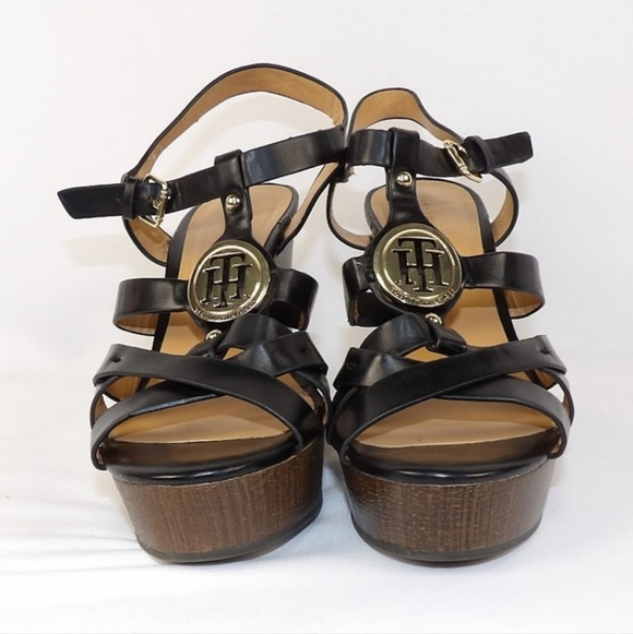 Tommy Hilfiger Black Open Toe Strappy Logo Wedges Women's Size 9M - Picture 3 of 12